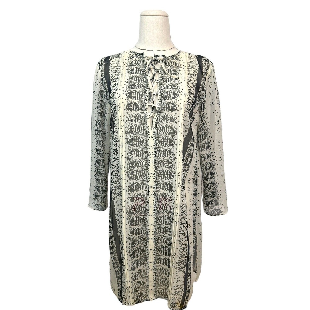 Cabi Womens Black White Geometric Print Tunic Dress XS Long Sleeve
